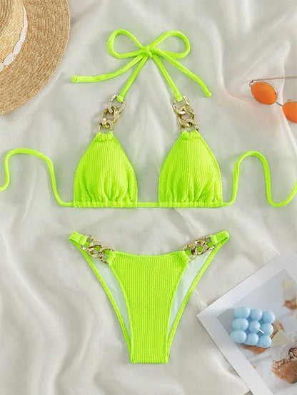 2pcs Women fluorescent green string metal tie halter bikini thong swimsuit Swimwear bathing suit