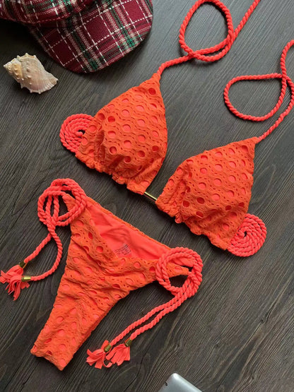 Sexy Split Swimsuit Bikini Hollow Fabric Solid Color Bikini Beach Bathing Suit