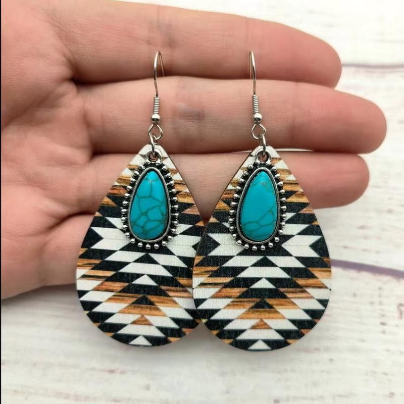 Women Bohon Vintage Turquoise Teardrop Aztec Wooden Earrings