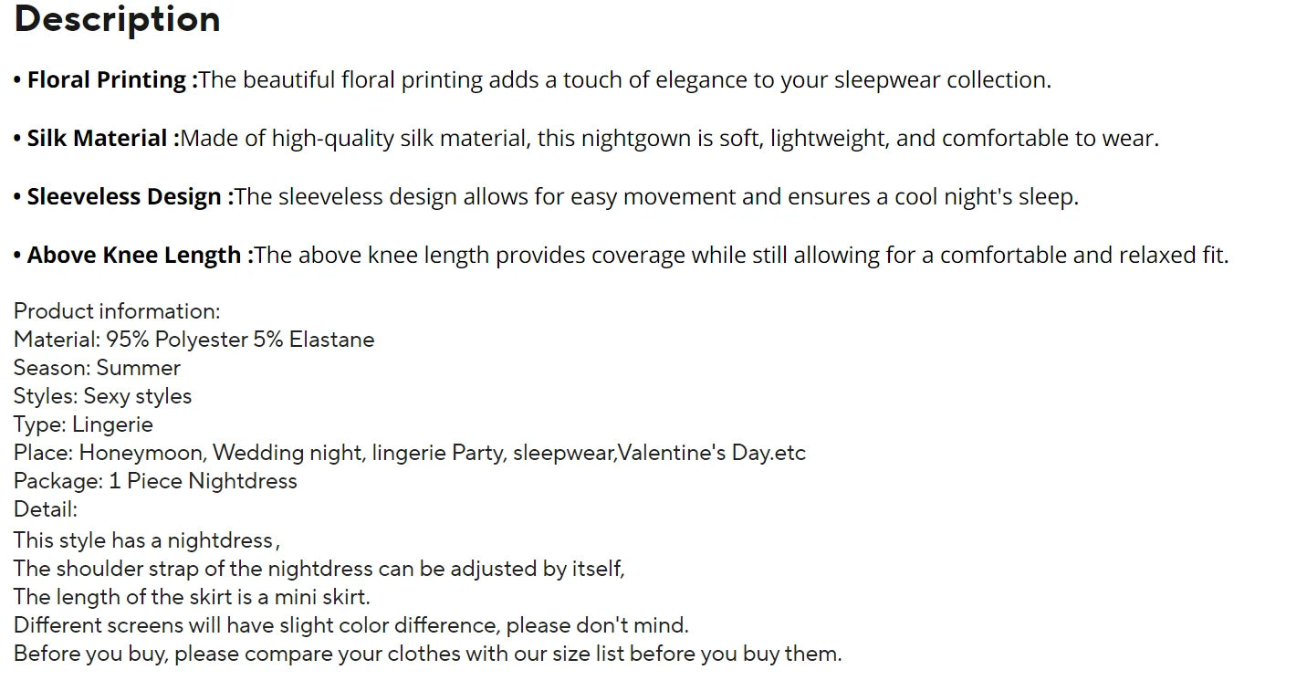 Women Nightwear Black Floral Print Nightdress Sleepwear Gowns