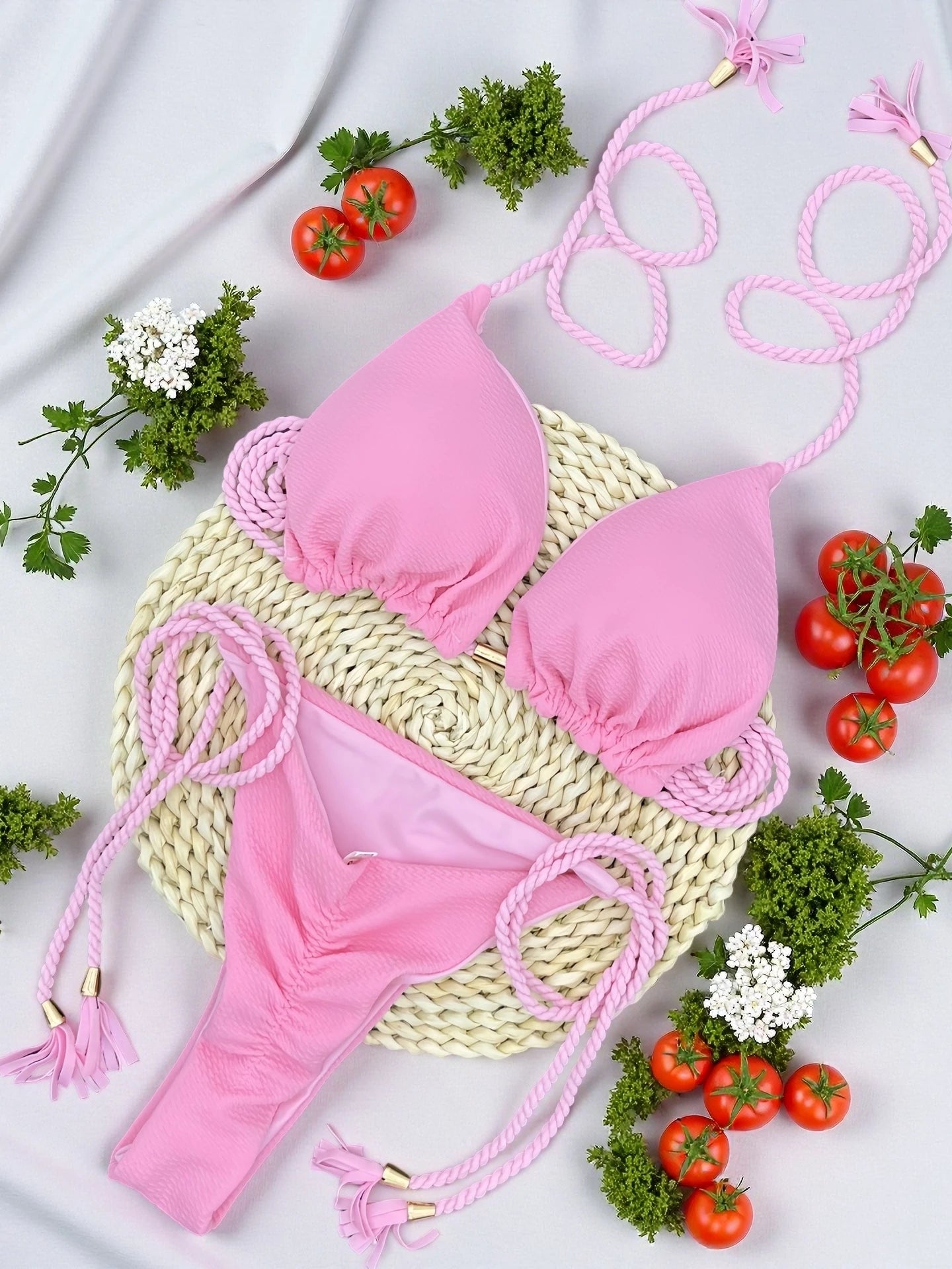 Sexy solid color swimsuit women's split bikini woven rope hanging neck beach swimwear suit