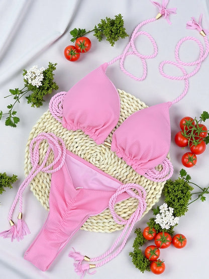 Sexy solid color swimsuit women's split bikini woven rope hanging neck beach swimwear suit