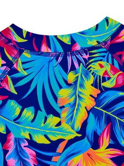 Kids Girls One-Piece Long Sleeve All-over Plants Colorful Leaves Print Boyleg Shorts Swimsuit