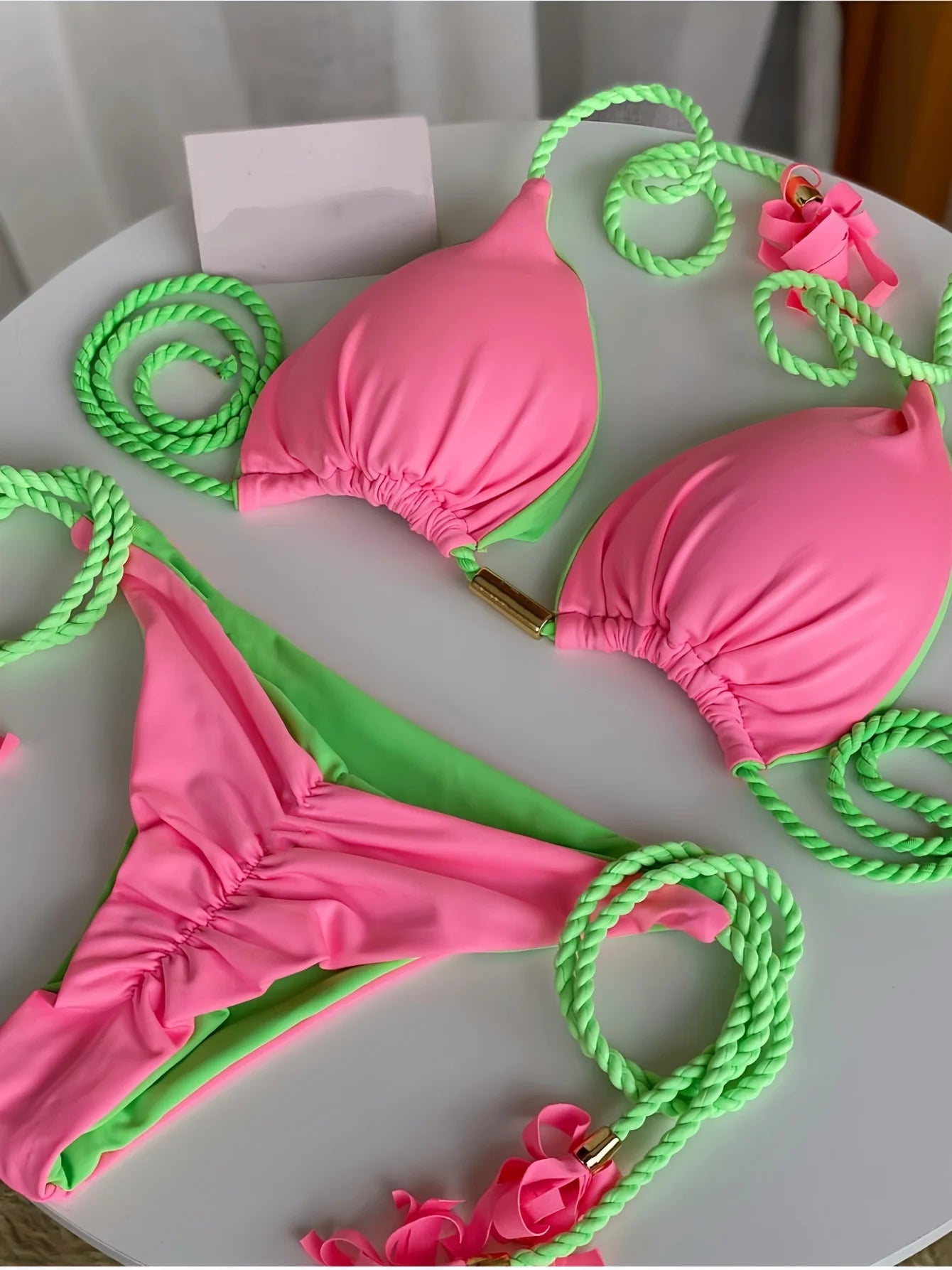 Sexy Solid color Two-piece Triangle Swimwear Braiding Rope Bikini Beach Bathing Brazilian Suit
