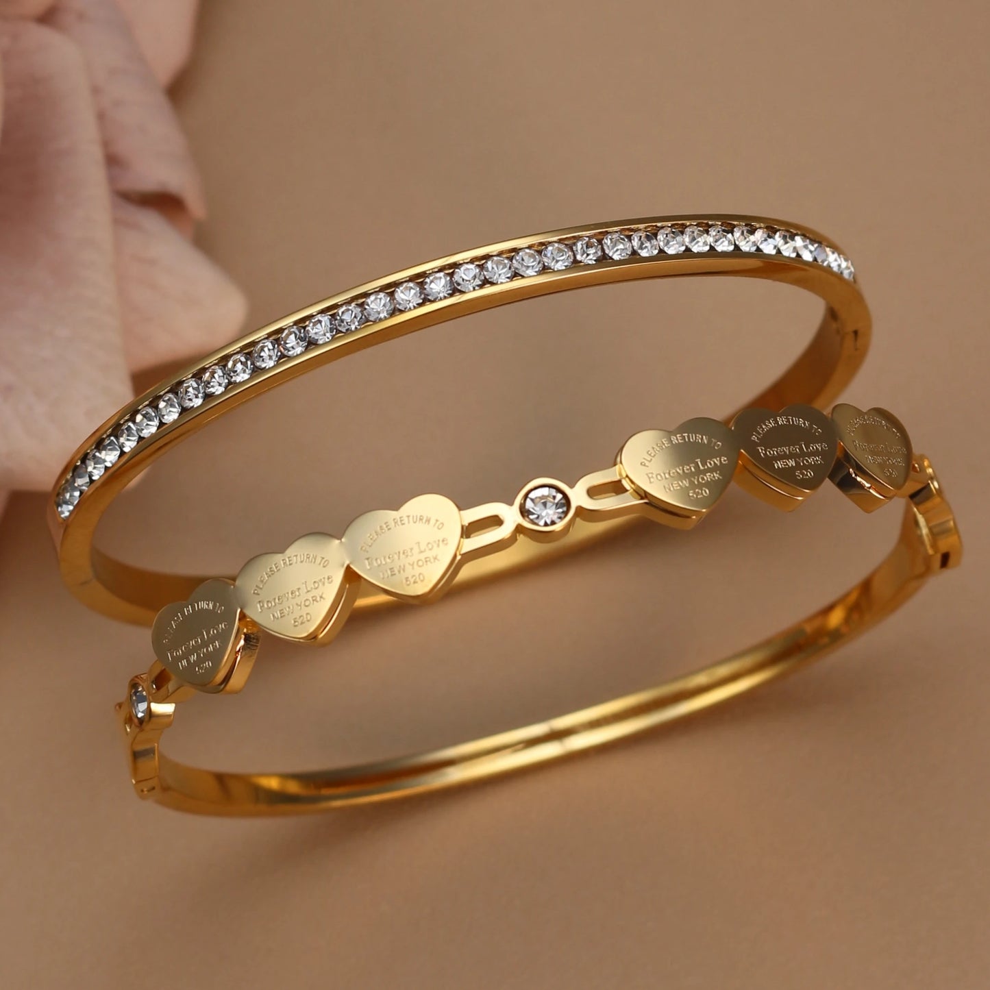 Delicate Stainless Steel Gold Color Peach Heart Crystal Design Charm Bangle Bracelet