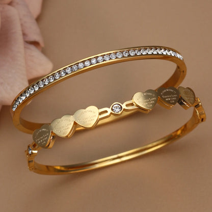 Delicate Stainless Steel Gold Color Peach Heart Crystal Design Charm Bangle Bracelet