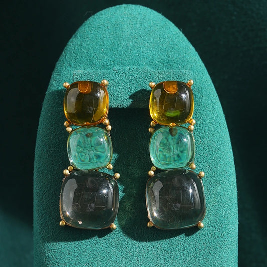 Women Vintage Transparent Colored Natural Glass Square Bohemian Drop Earrings