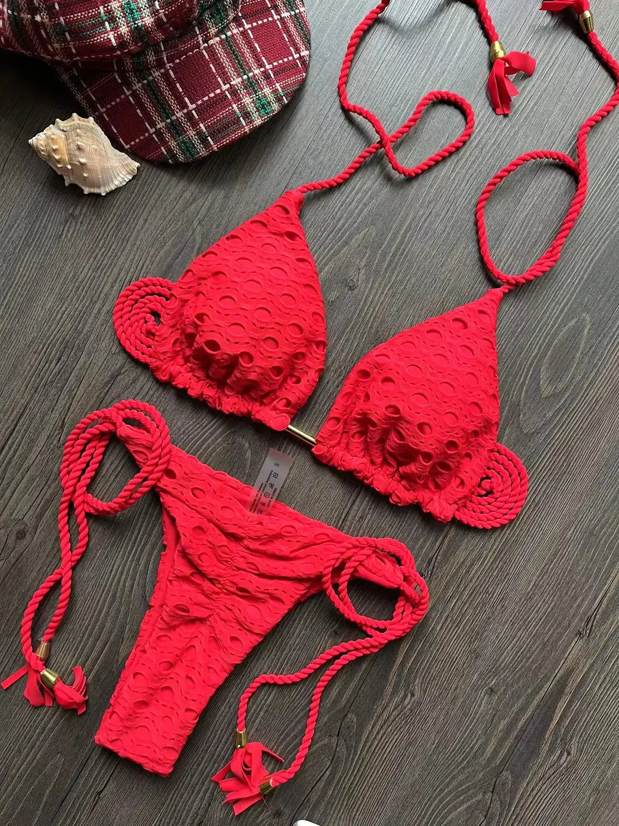 Women's two-piece set w/ push up hanging neck solid color bikini beach swimsuit