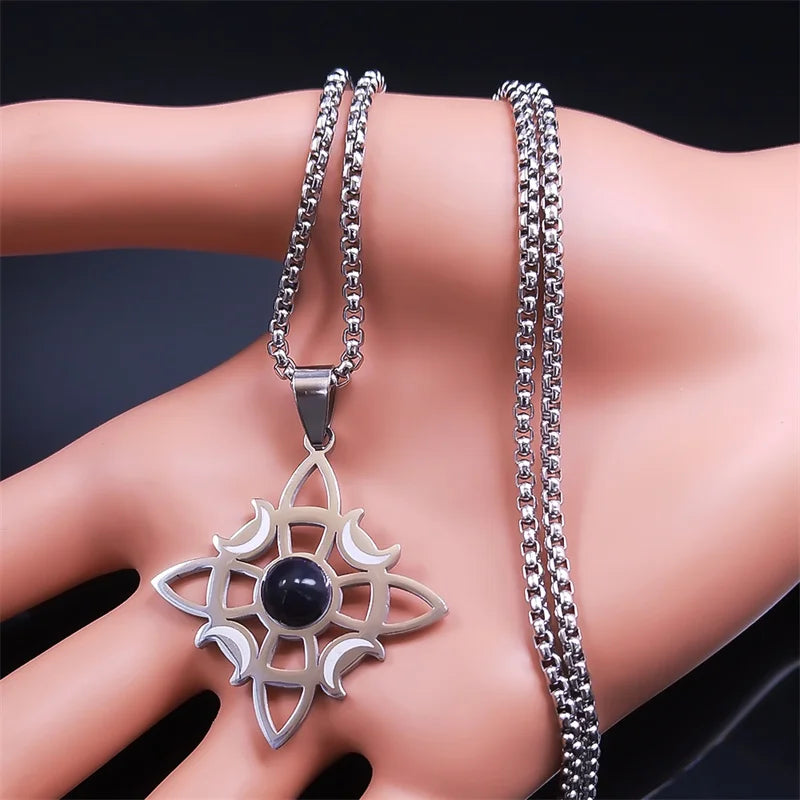 Stainless Steel Natural Stone Witch Amulet Wicca Celtic Knot Triple Moon Goddess Necklace