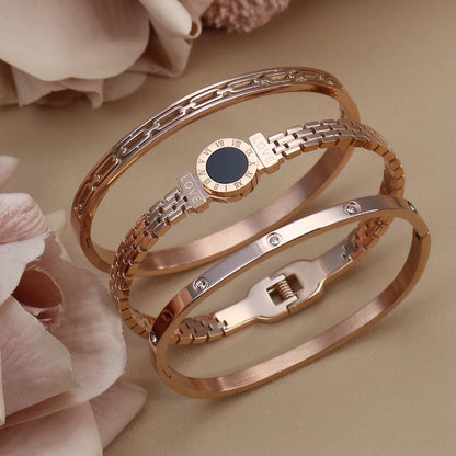 Stainless Steel Zircon Roman Numeral Chain Design Women Bracelet Bangle