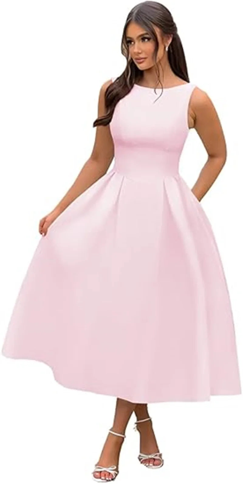 Simple Elegant O-Neck Satin Midi Prom Tea Length Backless A Line Formal Evening Party Bridal Dress w/ Pockets