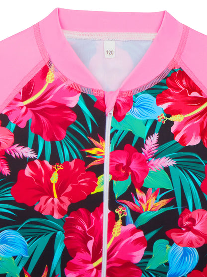 Girls Kids One Piece Long Sleeve Floral Print Bikini Cut Bottom Swimwear Beach Swim