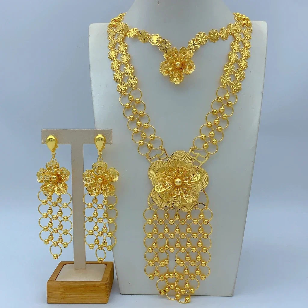 Italian Long Flower Women Bridal Indian Dubai Gold Color Necklace Earrings Sets