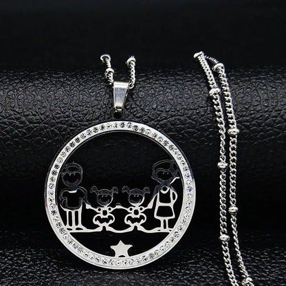 Family Boy Gril Stainless Steel Silver Color Crystal Necklace