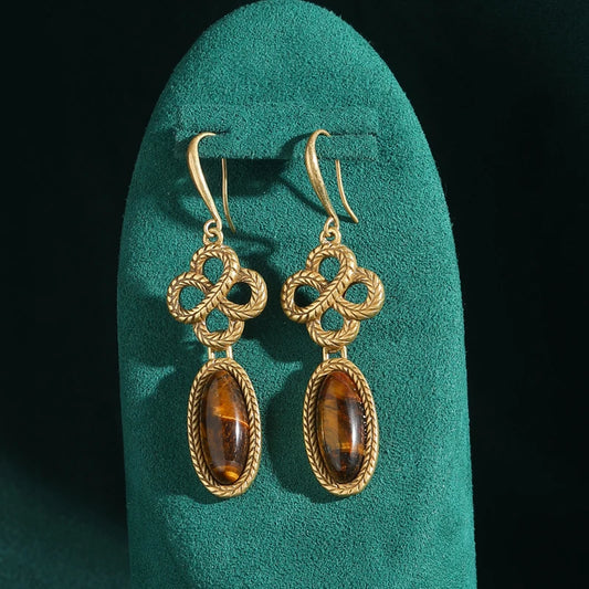Vintage Long Oval Tiger Eye Natural Stone Lucky Flower Knot 18k Gold Color Antique Drop Dangle Earrings