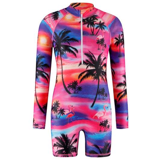 Girls Kids One-Piece Long Sleeve Hawaii Print Beach Boyleg Shorts Swimming Swimsuit