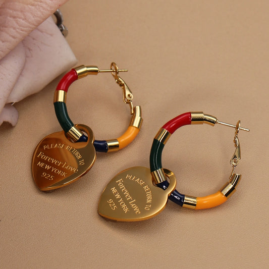 Women Colorful Heart 18k Gold Color Stainless Steel Charm Pendant Stud Earrings