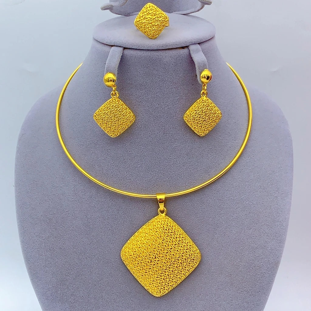 African Dubai 24k Gold Plated Women Ethiopian Indian Bridal Round Necklace Earrings Jewelry Set