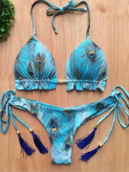 Sexy Micro Feather Print Bandage Swimwear Bathing Brazilian Bikini Suit