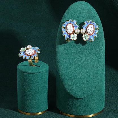 Vintage Monet Garden Blue Relief Flower Pearl Enamel Petals Earrings Jewelry Set