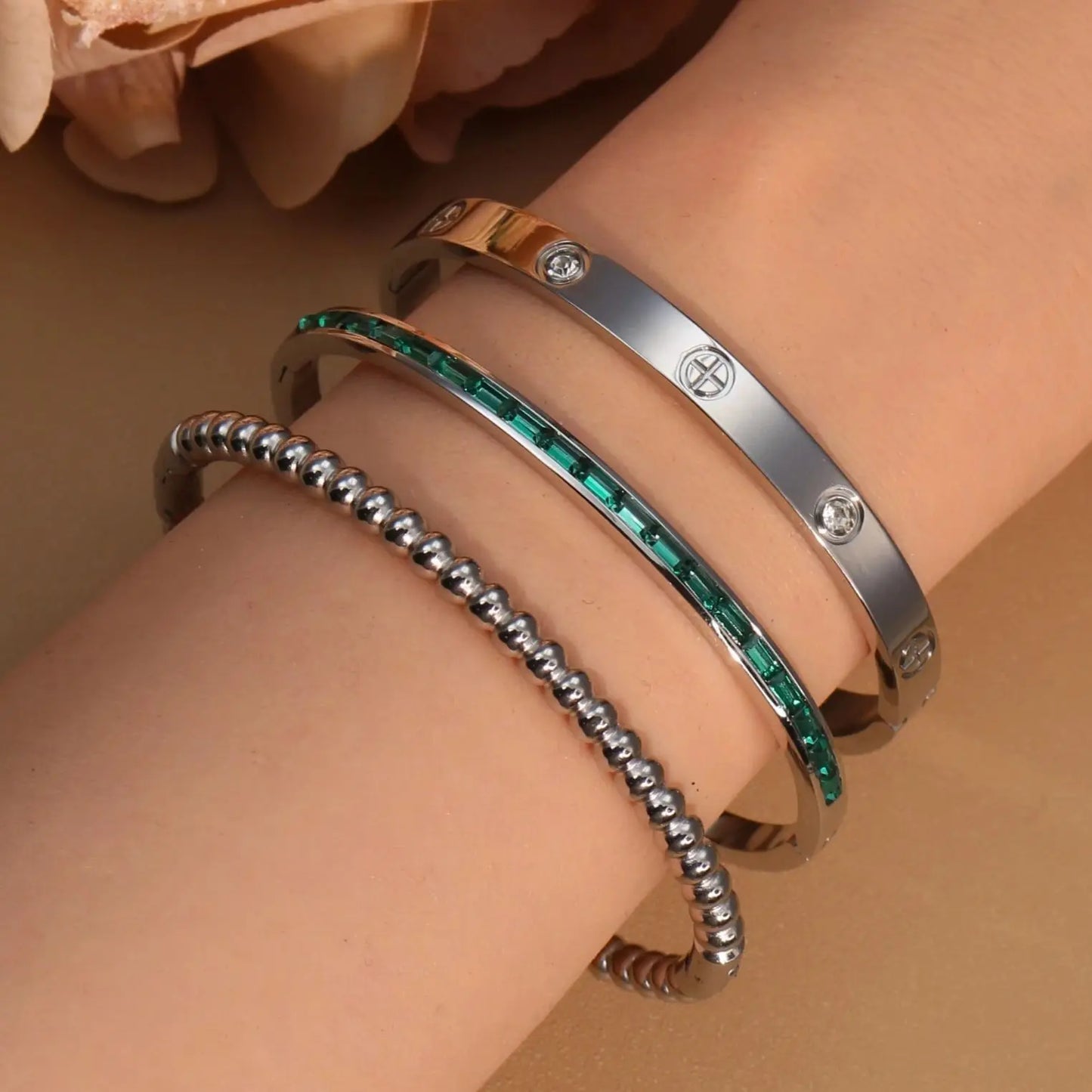 Women 18k Gold Plated Stainless Steel Green Zircon Bangles Bracelet Set Gift.