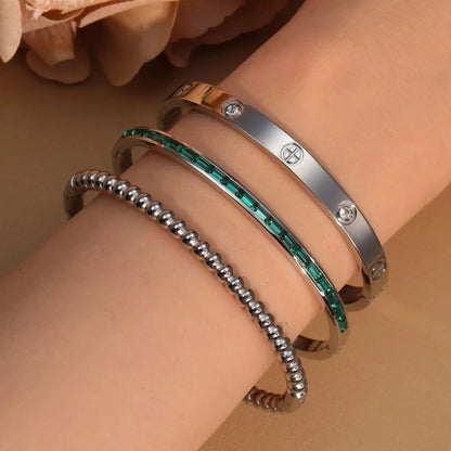 Women 18k Gold Plated Stainless Steel Green Zircon Bangles Bracelet Set Gift.