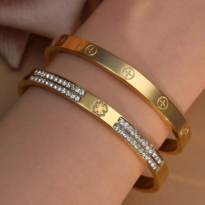 18K Gold-Plated Cross Screwdriver Stainless Steel Zircon Bangle Bracelet Women's Jewelry