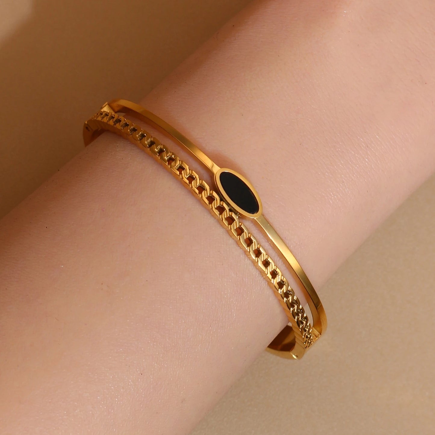 Luxury 2-In-1 Wedding Gold Black Acrylic Stainless Steel Ring Bangles Set