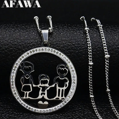 Family Boy Gril Stainless Steel Silver Color Crystal Necklace