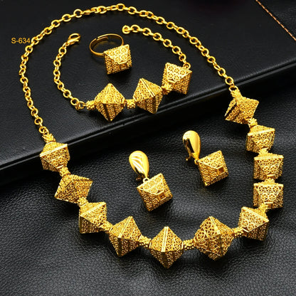 Fashion Indian 24K Gold Color Women African Wedding Dubai Necklace Earrings Bracelet Ring Jewelry Set