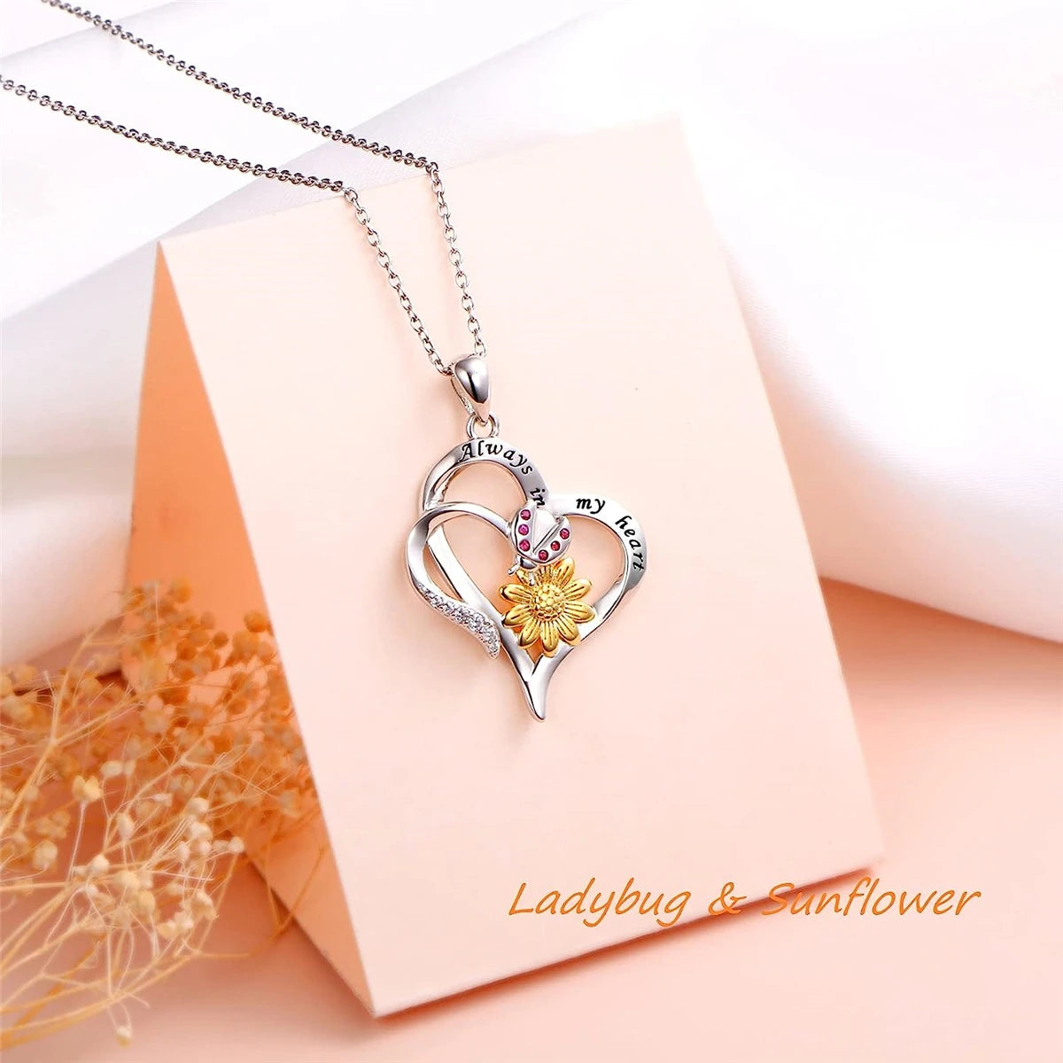 Women Fashion Charm Double Heart Ladybug Sunflower Memorial Pendant Necklace Gifts