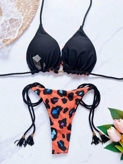 Sexy Leopard Print Women's Split Bikini Woven Rope Strap Fringe Two-Piece Swimsuit Bathing Suit