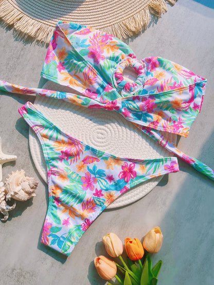 Women Plant Printed Bandeau High Leg Cut Bikini Swimwear Swimsuit Two-pieces Bathing Suit