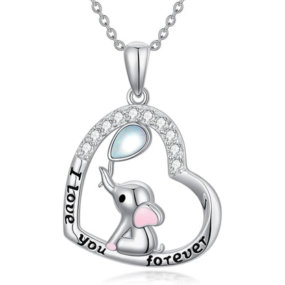 Women Cute Cartoon Heart Shaped Balloon Pink Ear Elephant Pendant Necklace