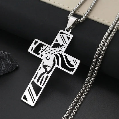 Men Stainless Steel Crucifix Jesus Christ God Cross Crown of Thorns Chain Necklace