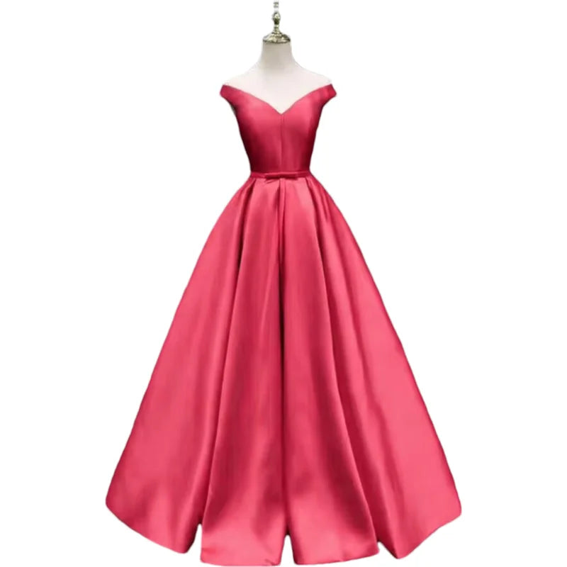 Off-Shoulder A-Line Satin Formal Women Prom Long Evening Party Gown Dress w/ Pockets