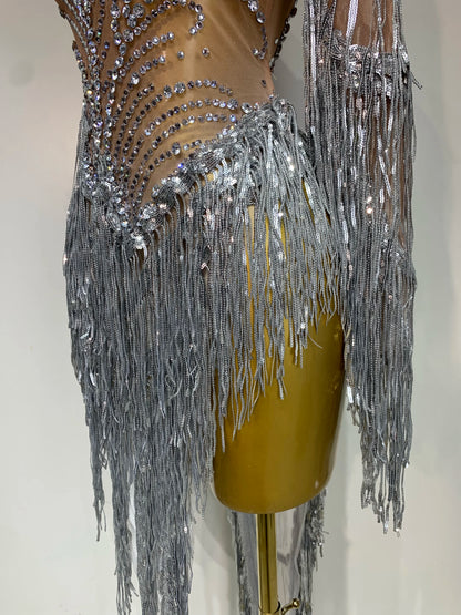 Sexy Rhinestone Sequins Tassel Mesh See Through Evening Party Nightclub Singer Sparkly Dress