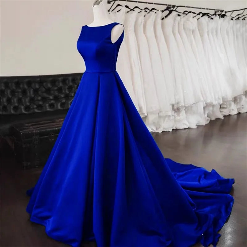 Women's Scoop Neck Sweep Train Prom Backless A-line Satin Long Formal Evening Party Dress w/ Pockets