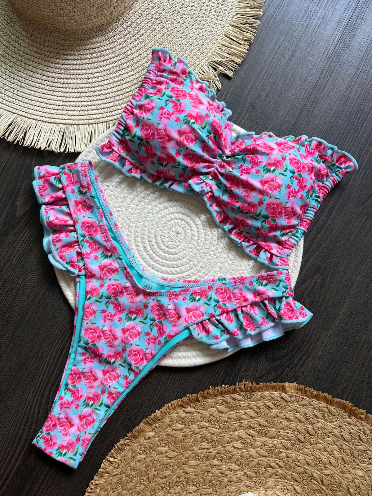 Sexy Flowers Printed Ruffled Frilled Swimwear Swimsuit Two-pieces Bikini Bathing Suit