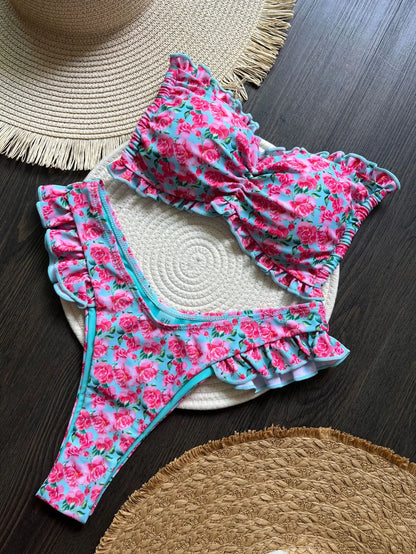 Sexy Flowers Printed Ruffled Frilled Swimwear Swimsuit Two-pieces Bikini Bathing Suit