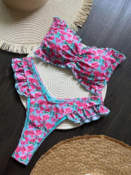 Sexy Flowers Printed Ruffled Frilled Swimwear Swimsuit Two-pieces Bikini Bathing Suit