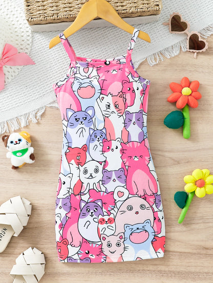 Cute Kids Girls Cartoon Cat Fashion Print Suspender Birthday Dress