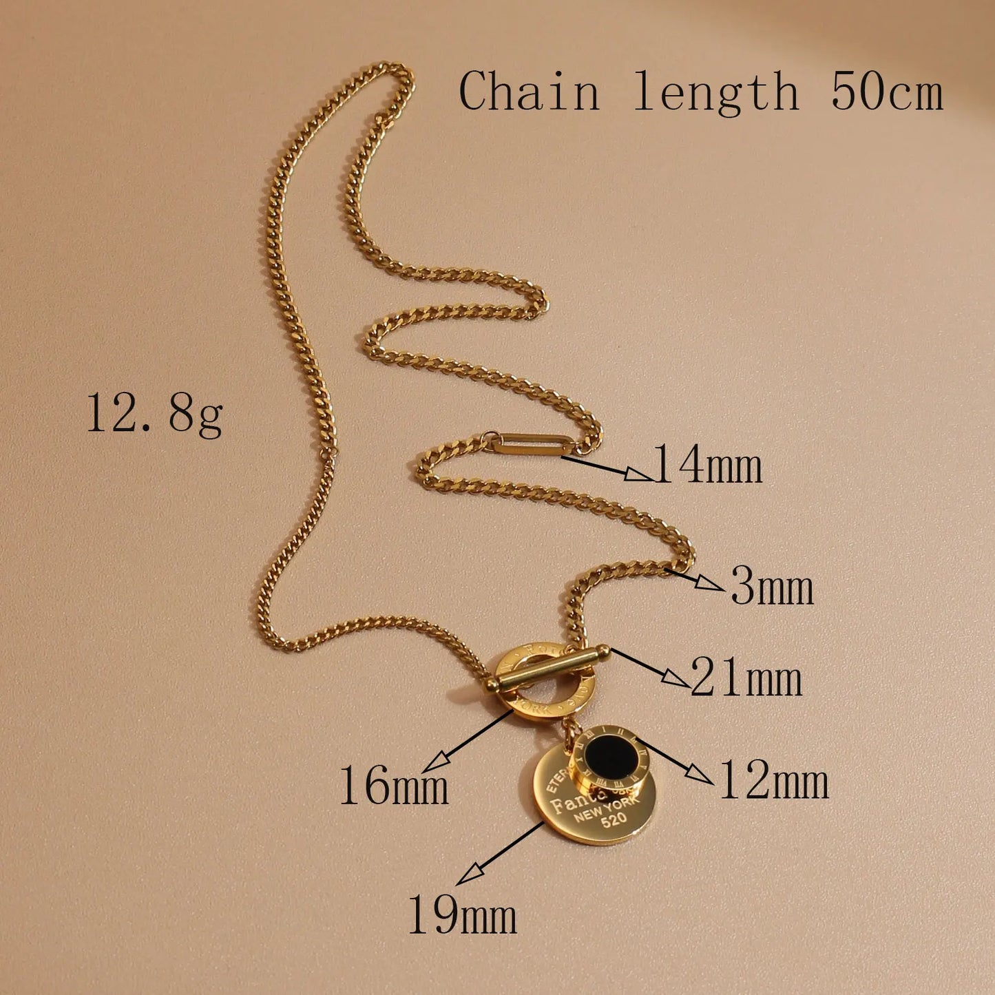 FOREVER LOVE Roman Numeral Round Stainless Steel 18K Gold Pated Women's Pendant Necklace