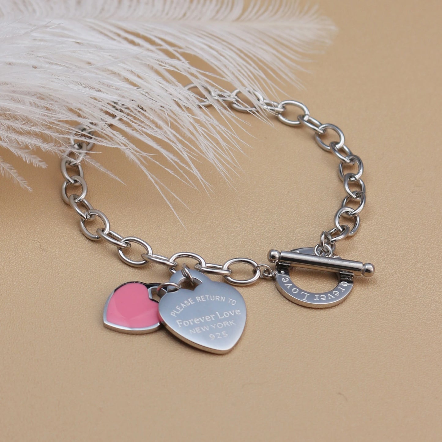 Fashion Stainless Steel Gold Color Double Heart Pendant Design FOREVER LOVE Bracelet Bangle
