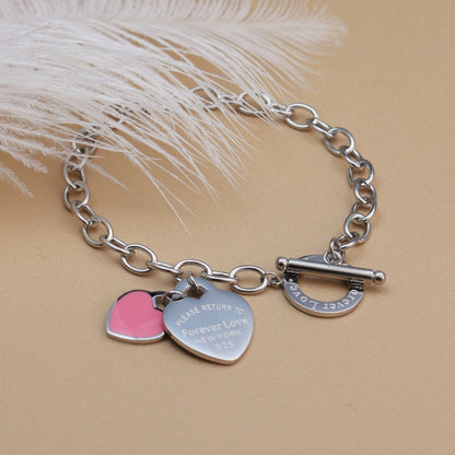 Fashion Stainless Steel Gold Color Double Heart Pendant Design FOREVER LOVE Bracelet Bangle