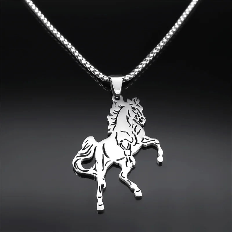 Women Men Stainless Steel Silver Color Aesthetic Horse Animal Necklace