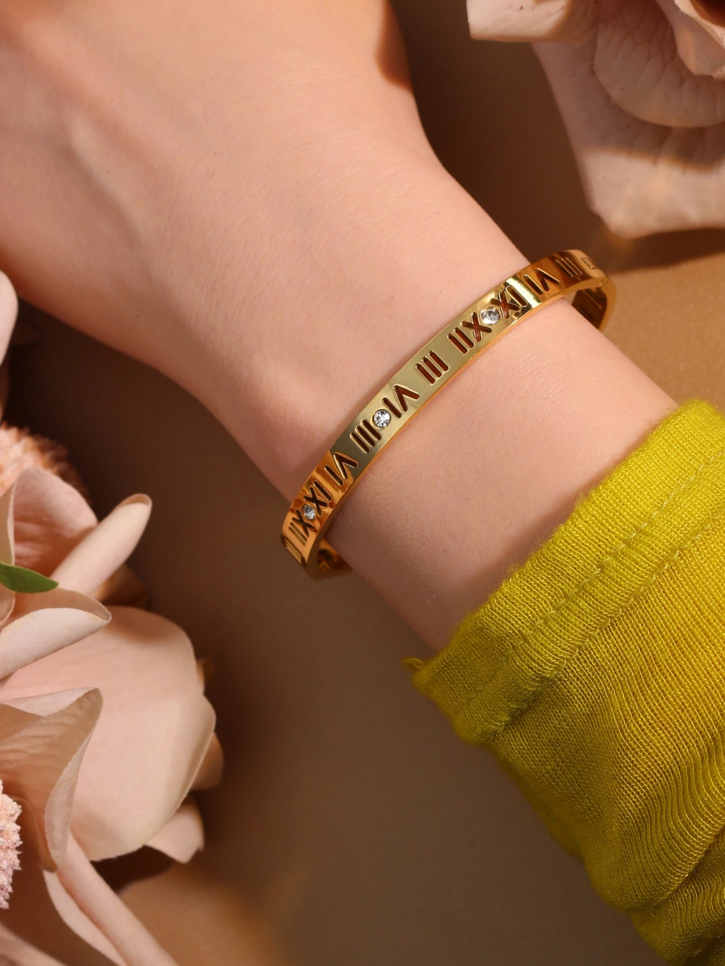 Stainless Steel 18K gold plated Roman Numeral Bracelet Bangles Ring 2-in-1 Jewelry
