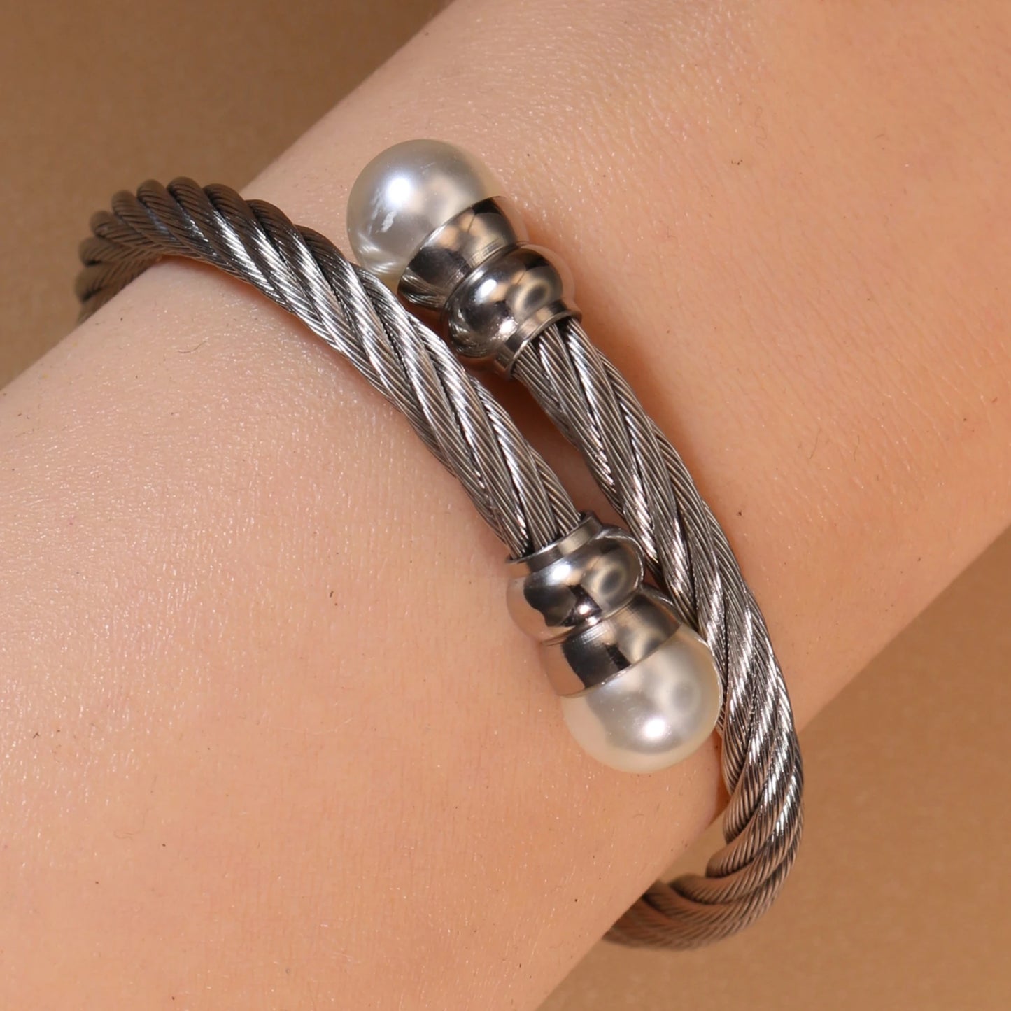 Women Fashionable Double Heart Stainless Steel Pearl Adjustable Bracelet Bangle