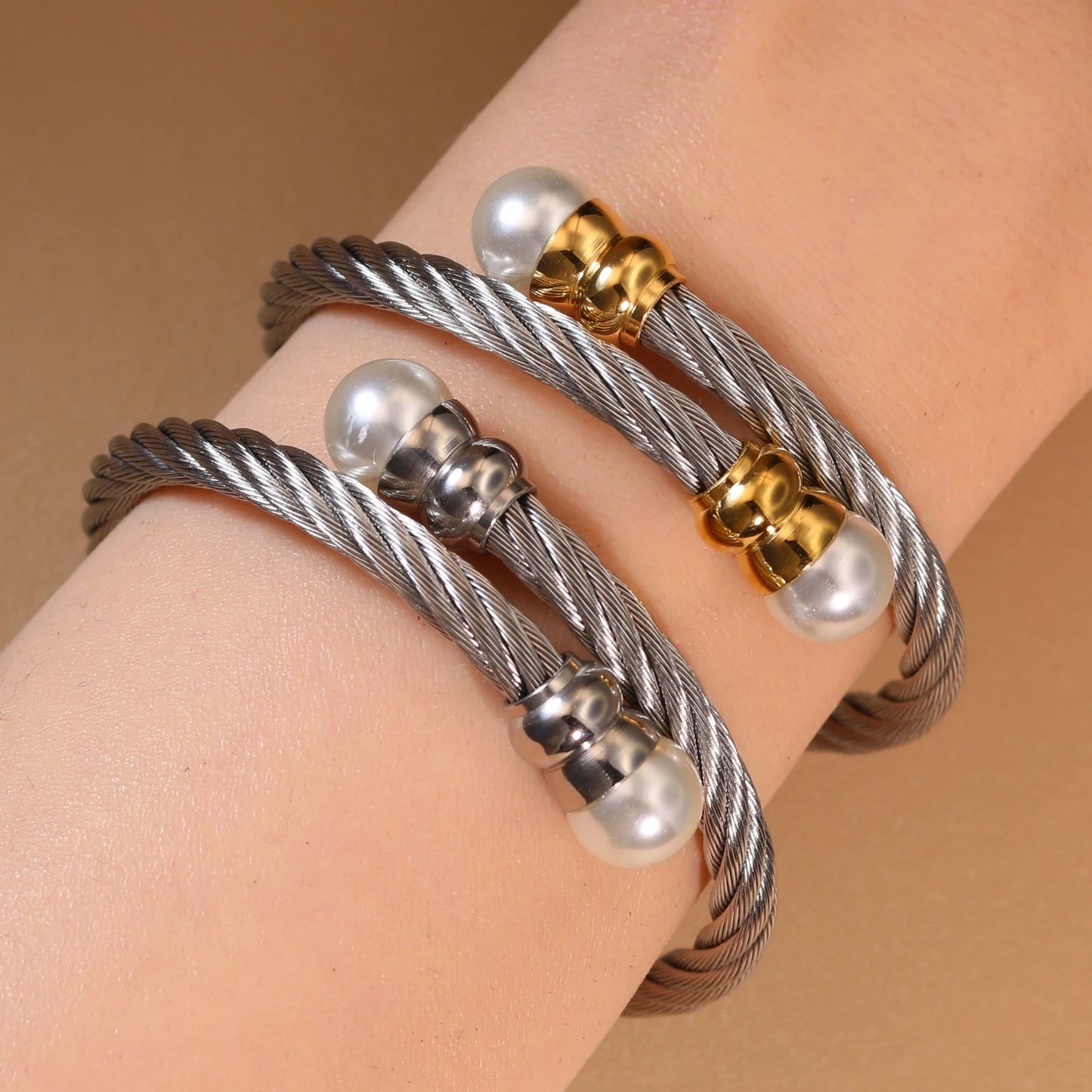 Women Fashionable Double Heart Stainless Steel Pearl Adjustable Bracelet Bangle