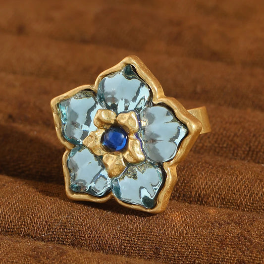Vintage Glass Flower Women Blue Crystal Five Petal Finger Antique Gold Color Ring
